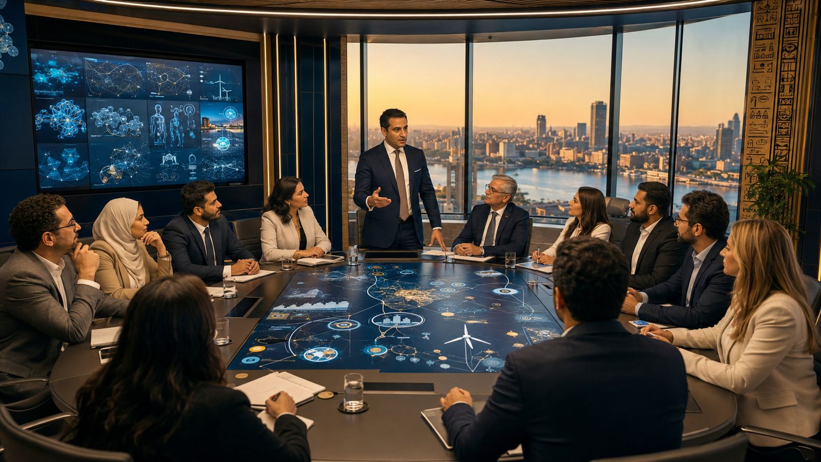 Executives and investors gathered around an interactive strategy table in a boardroom overlooking the Cairo skyline and the Nile