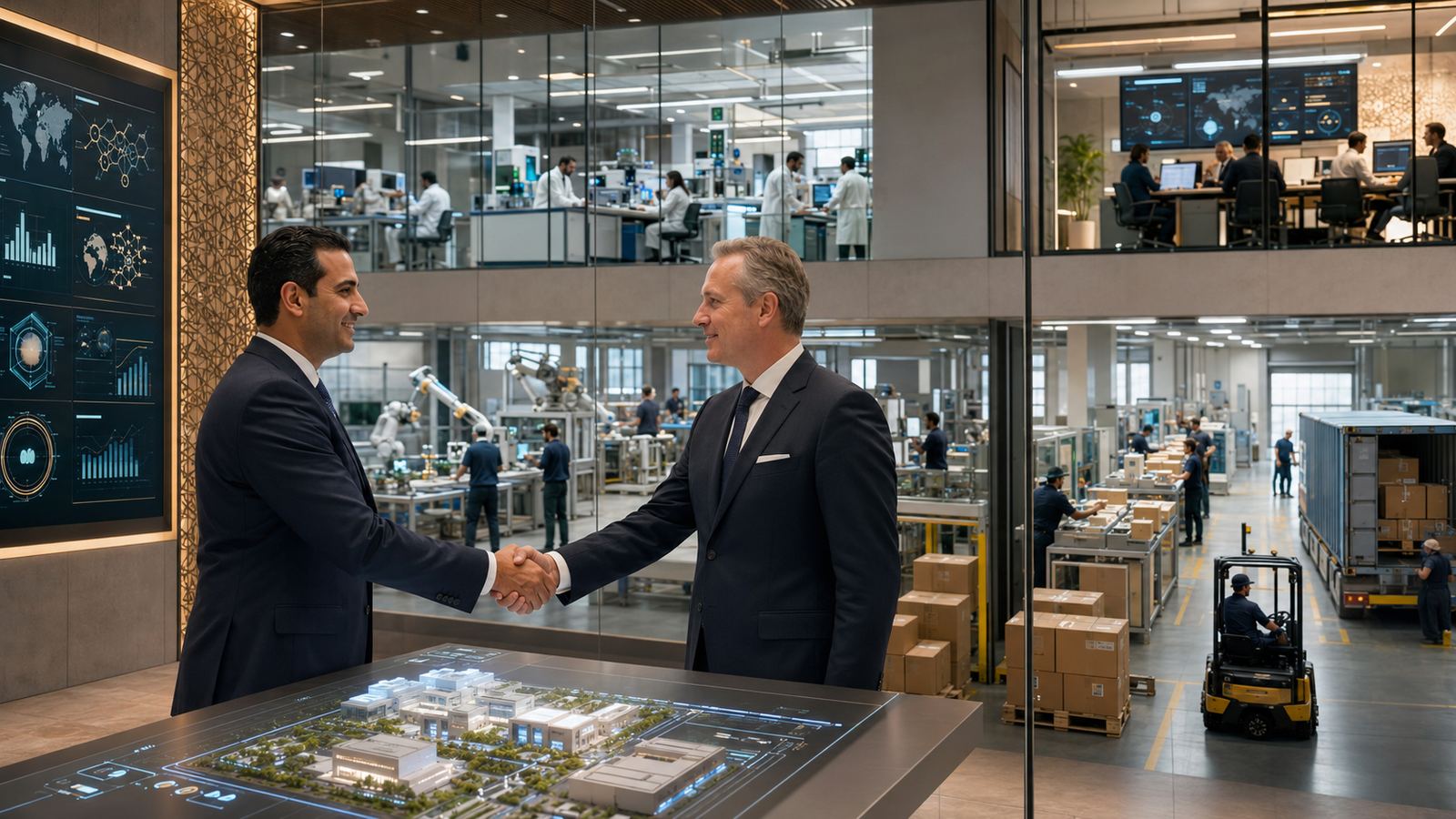 Two executives shaking hands over a model of a new development, with a factory floor and data dashboards in the background
