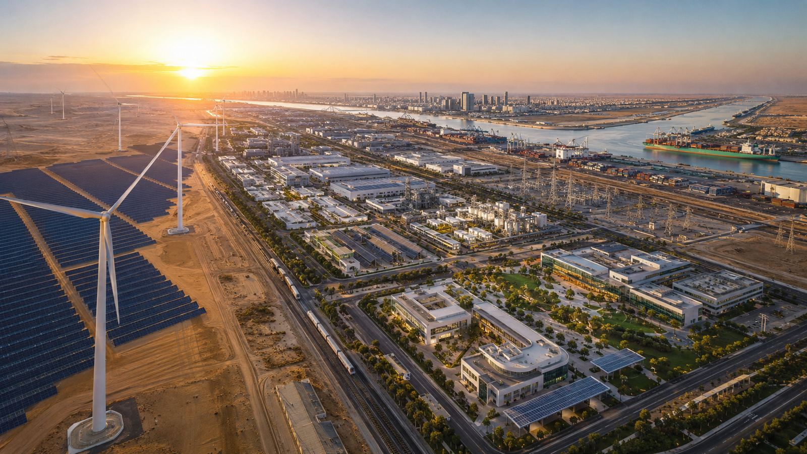 Aerial view of solar panels and wind turbines beside an industrial port and city skyline at sunrise