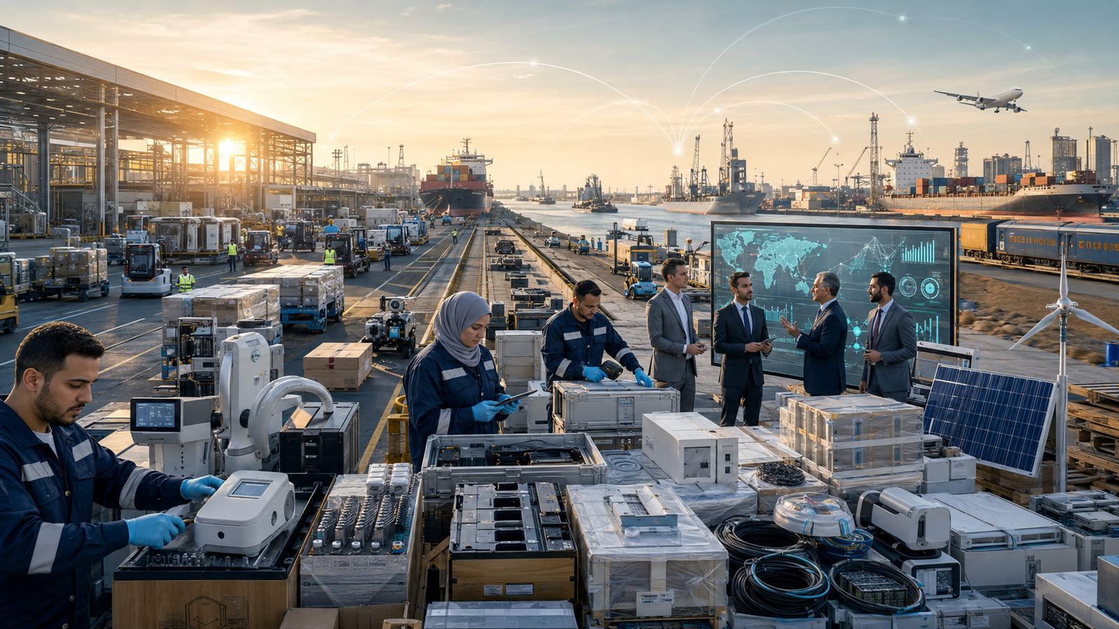 Workers and executives at a busy port reviewing global logistics data alongside clean-energy equipment