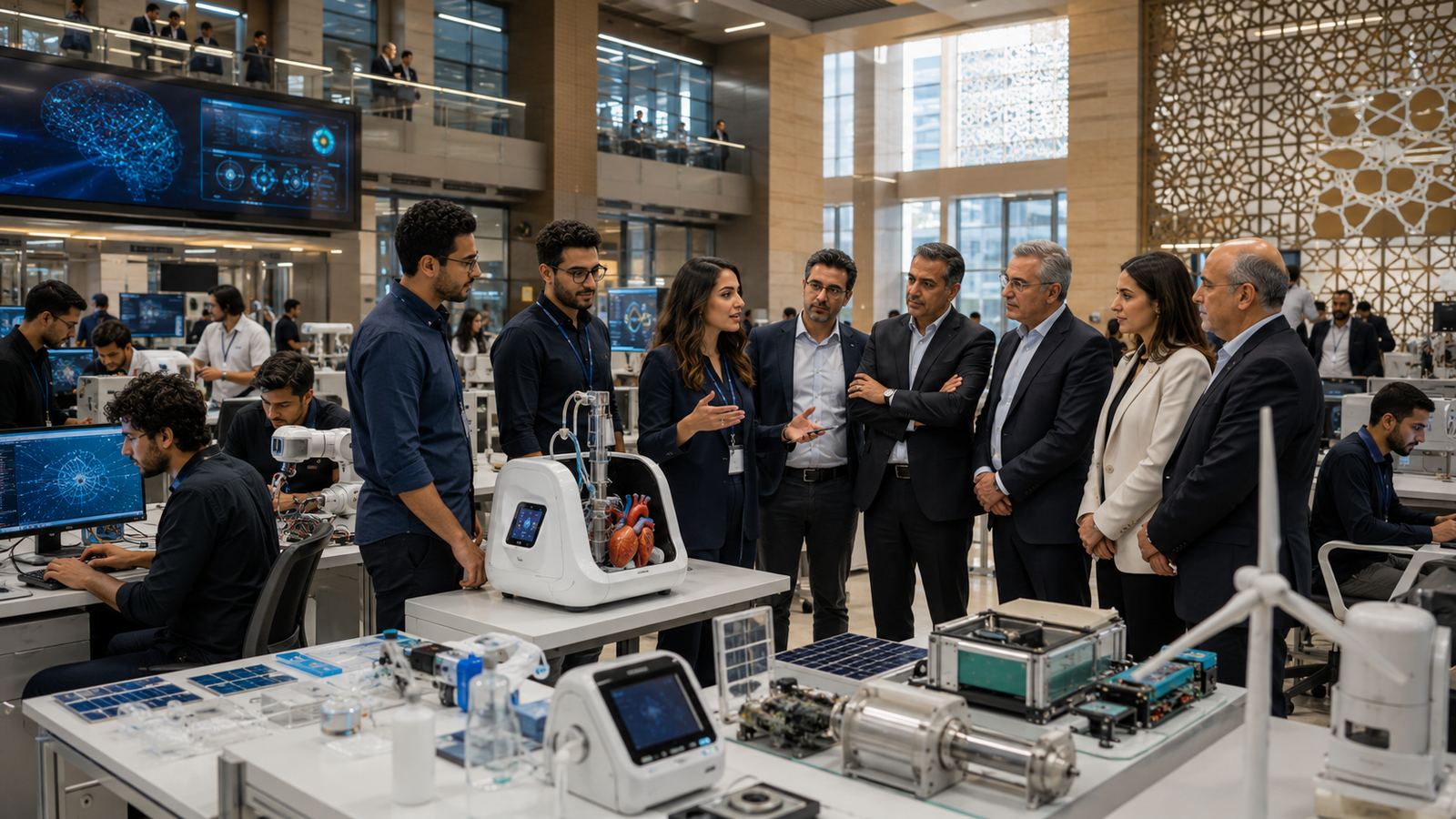 Executives touring an innovation lab where engineers develop medical and clean-energy technology