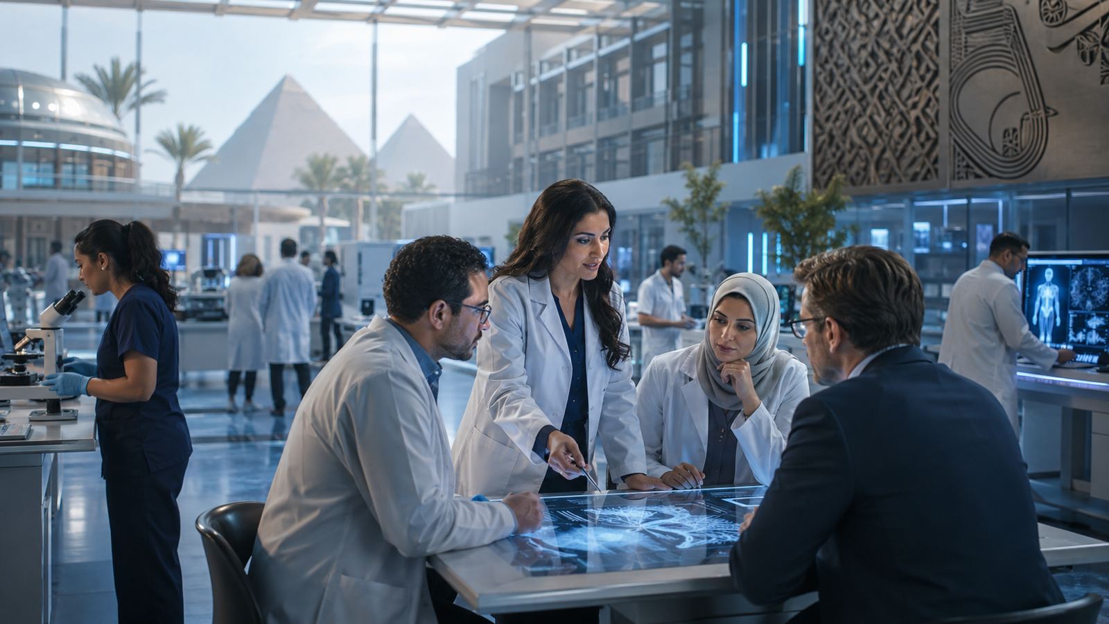 Physicians and a visiting executive reviewing medical imaging on an interactive screen with the pyramids visible outside