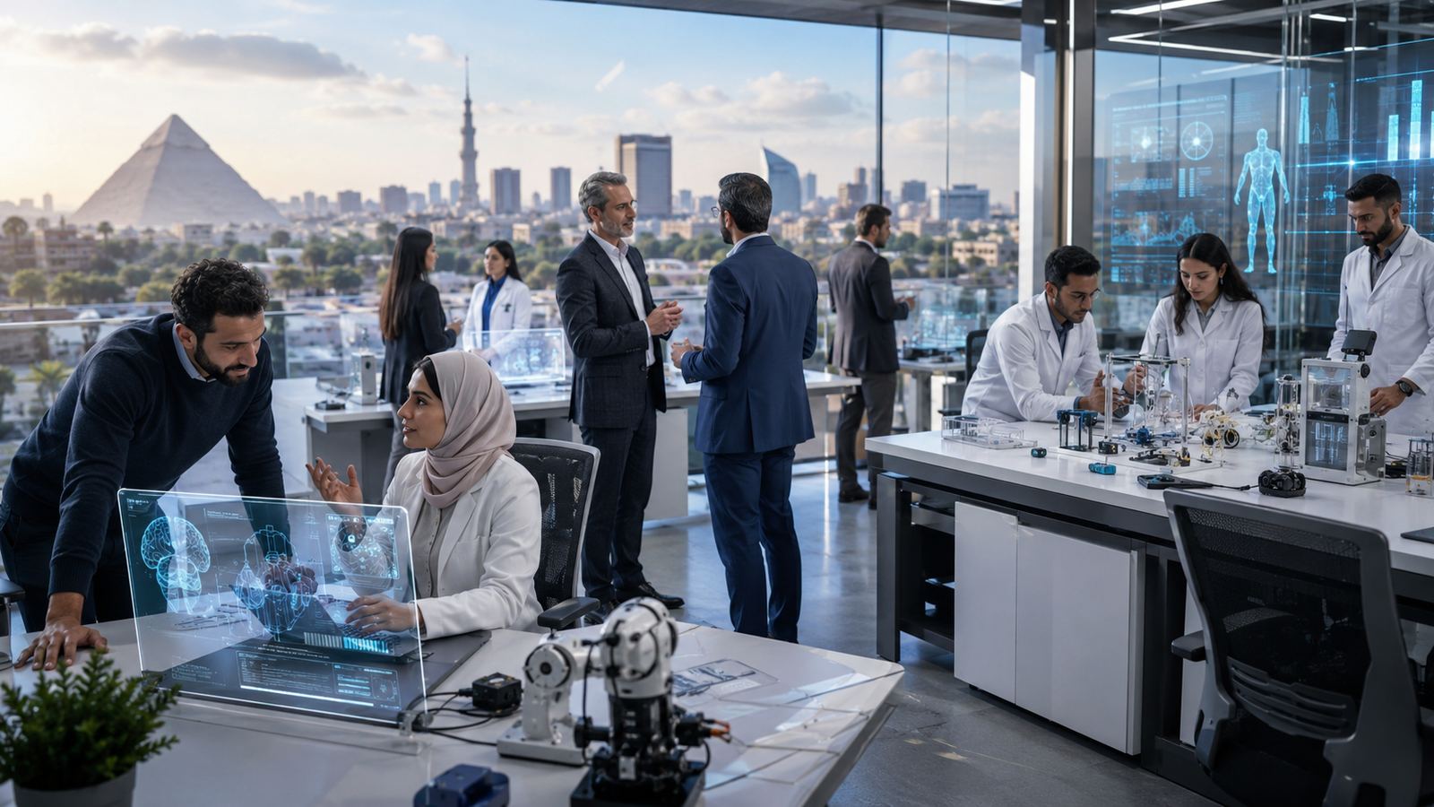 Physicians and executives collaborating in a high-tech medical research office with the Cairo skyline and pyramids in view