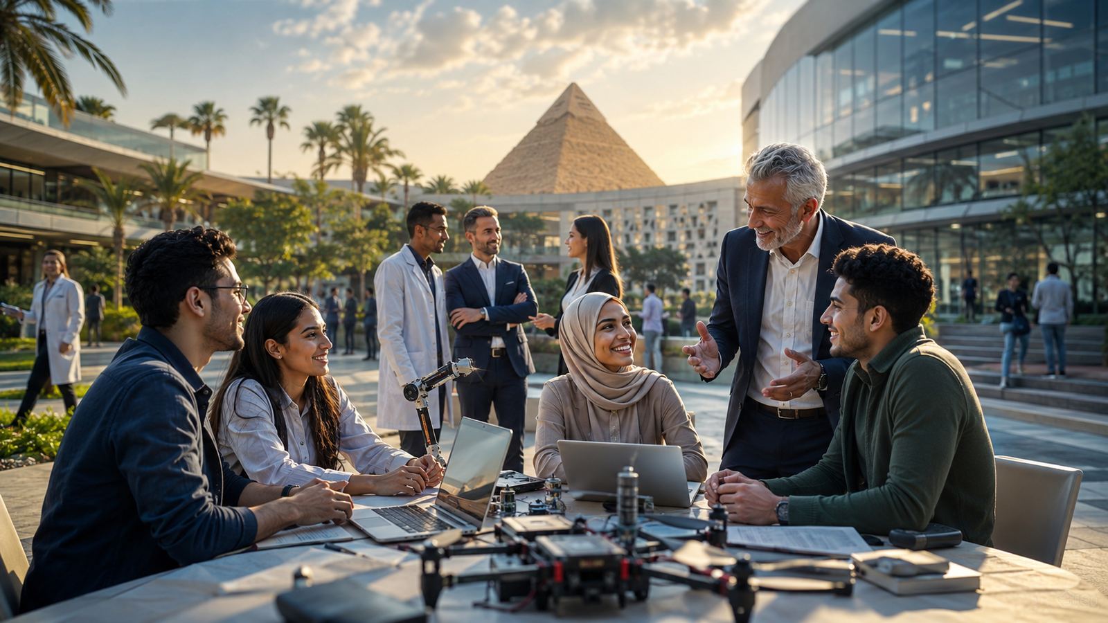 A mentor talking with young Egyptian professionals and researchers at an outdoor campus table near the pyramids