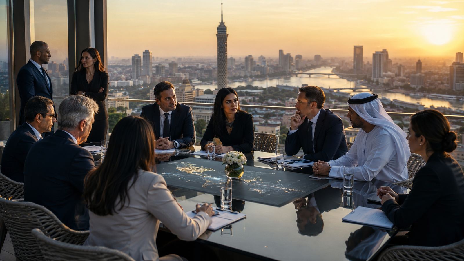 International and Egyptian leaders meeting around a boardroom table overlooking the Cairo skyline at sunset