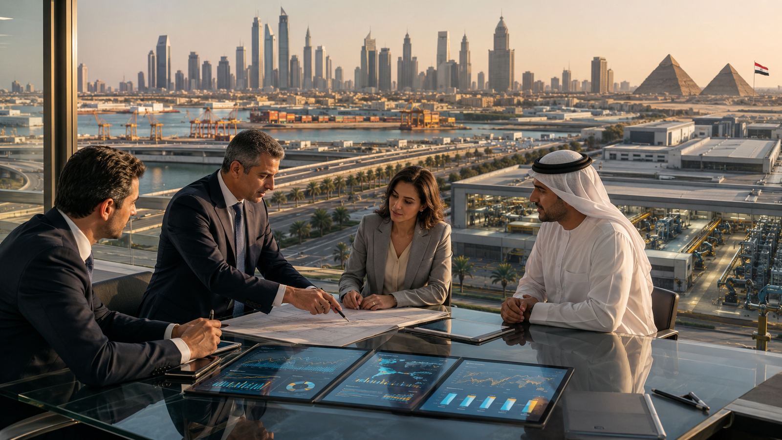 Business leaders reviewing plans at a table overlooking a modern industrial port with the pyramids in the distance