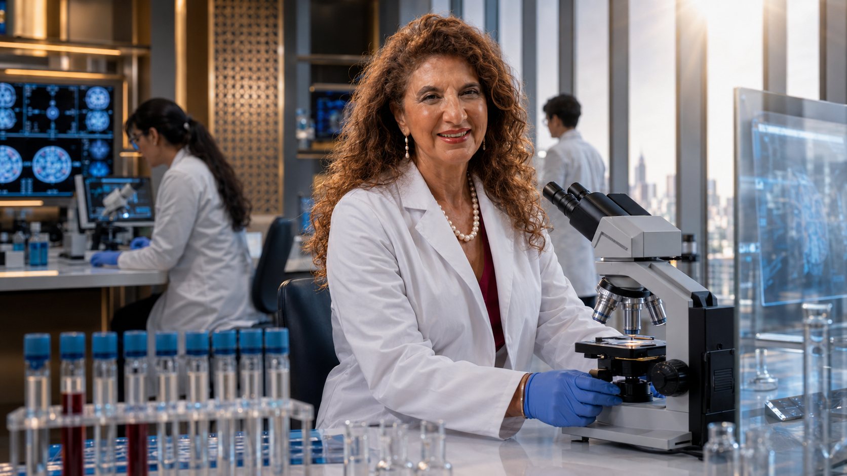 Dr. Dalal Akoury conducting laboratory research with a microscope alongside her research team