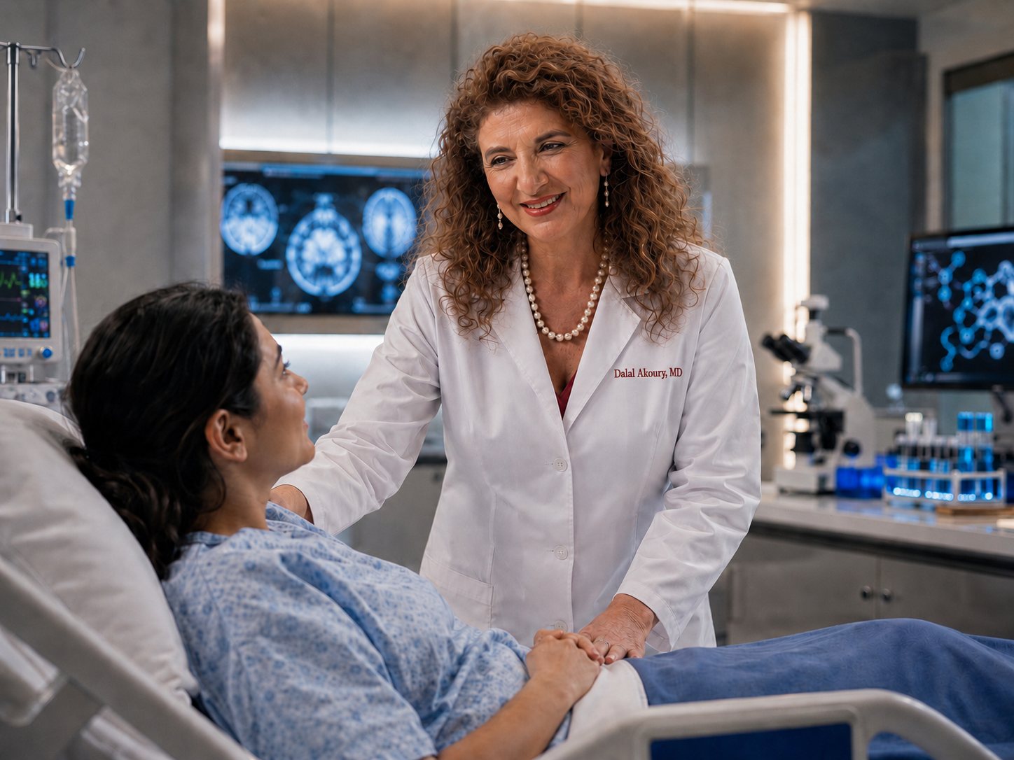 Dr. Dalal Akoury reviewing diagnostic brain imaging with a patient at the bedside